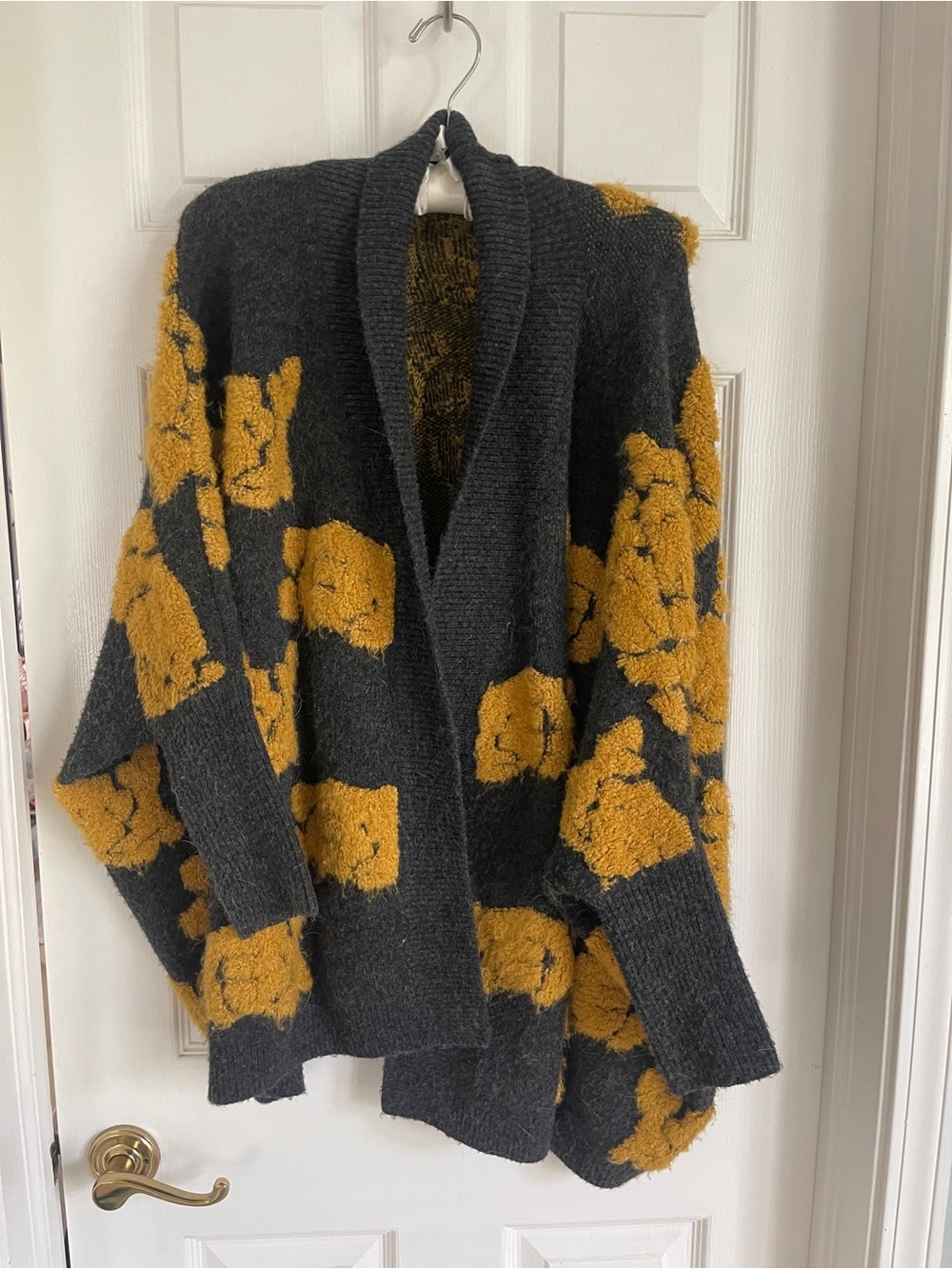 Anthropologie Charcoal Gray Open-Front Cardigan with Mustard Floral Texture